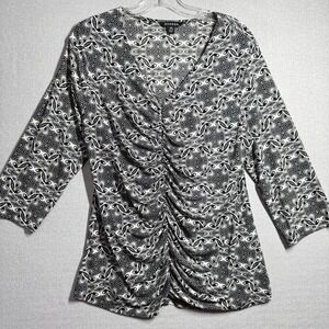 George Shirt Womens L Black Lace Print V Neck 3/4 Sleeve Tunic Top Stretch